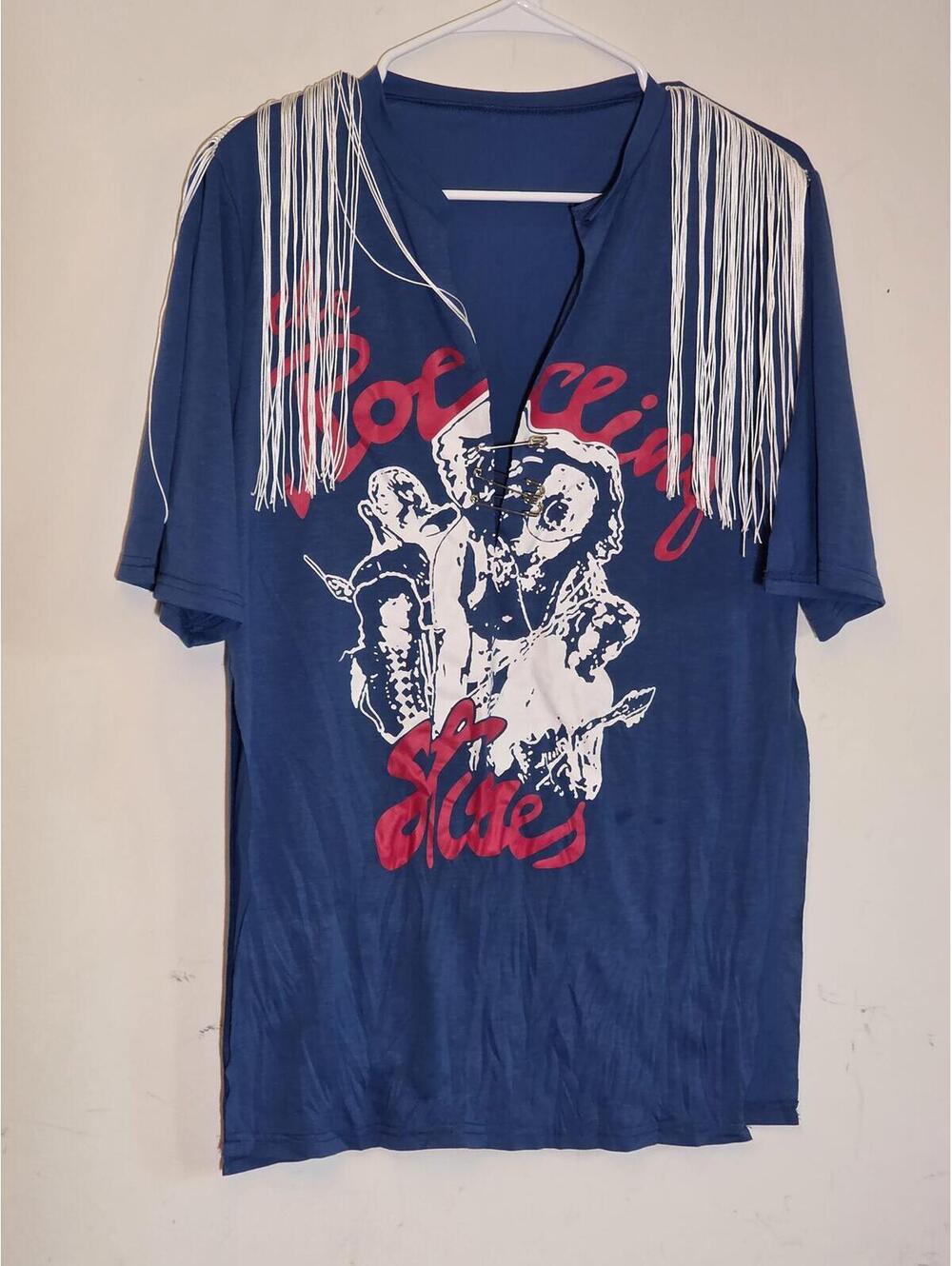 Rolling Stones Graphic T-Shirt with White Shoulder Fringe - Blue Sz L